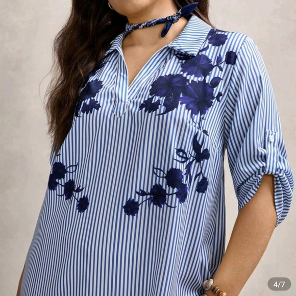 SHEIN Blue Floral Striped Swim Cover-Up - Picture 2 of 7